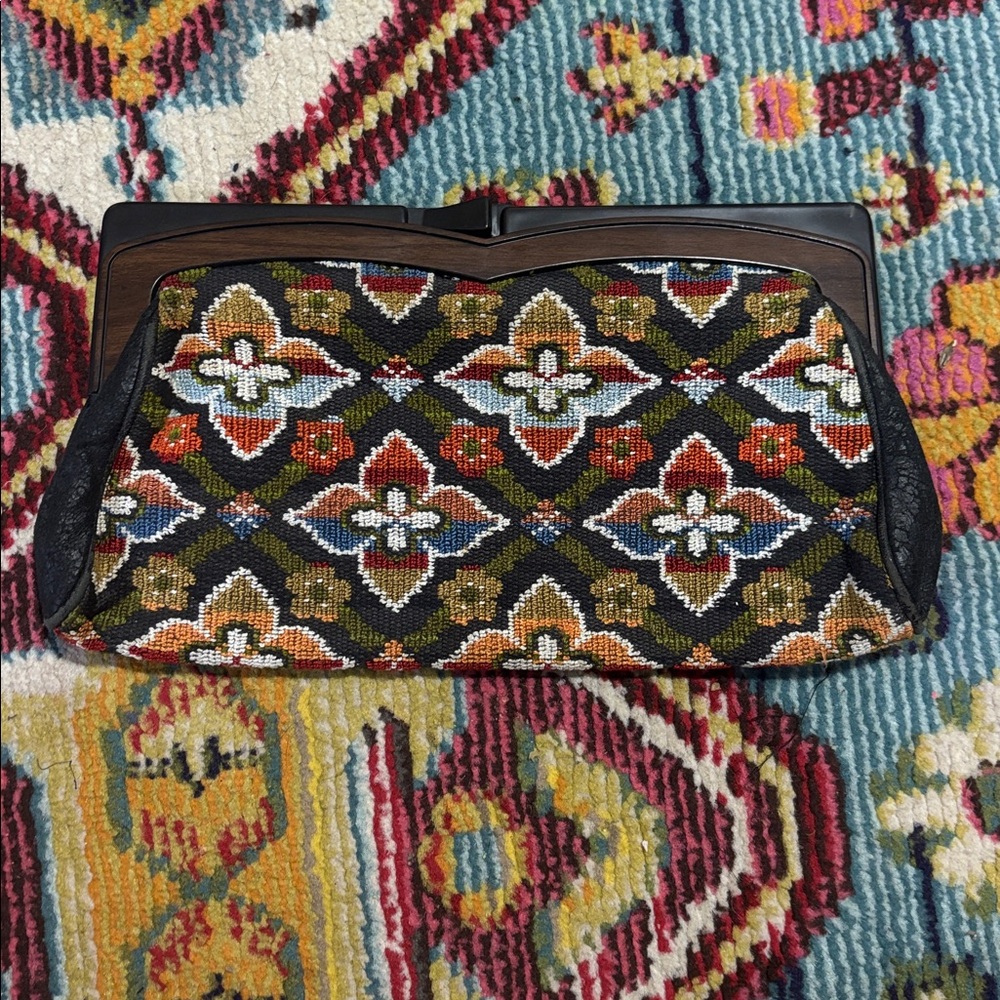 Vintage Tapestry Carpet Wallet with wooden Clutch Multicolor Flowers  VTG